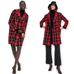 Zara  Plaid Winter Jacket Double Breasted Red Black Pea Coat Size XS